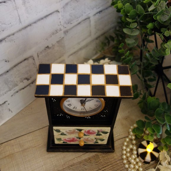 Hand Painted Checks Clock Black White Checkered Frame Clock with Pink Rose Decor - Picture 7 of 10